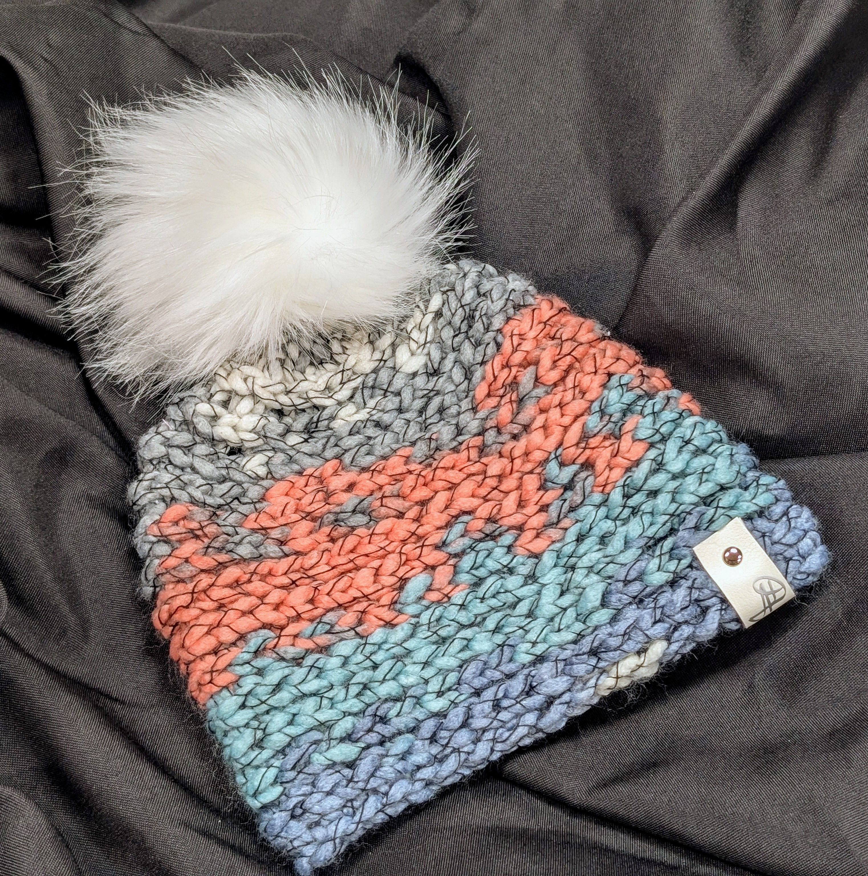 Crochet Beanie - Teal/Salmon/Grey