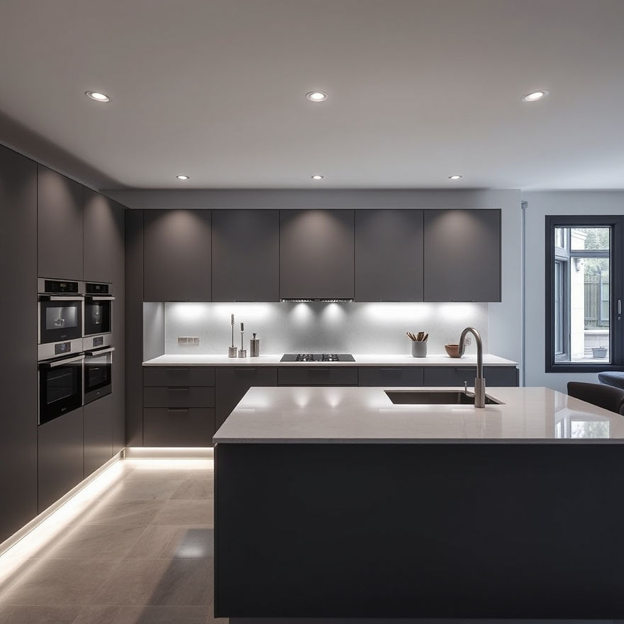 Premium modular kitchen with island, under-cabinet lighting, matte finishes, and integrate
