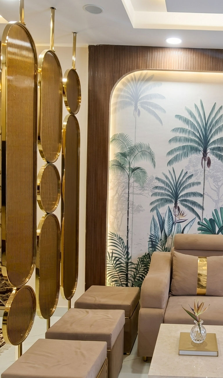 Luxury living room interior with beige color palette and golden design accents.