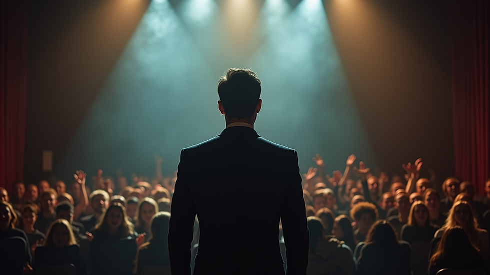 Eye-level view of a magician bowing to an applauding audience