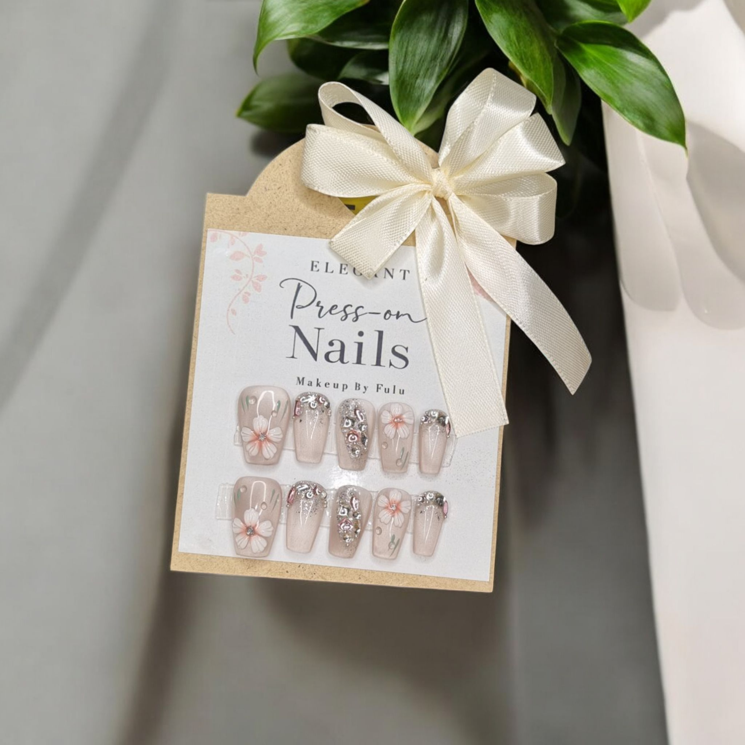 MBF Elegant Coffin Press-On Nails - Nude Pink with Floral and Silver Detail