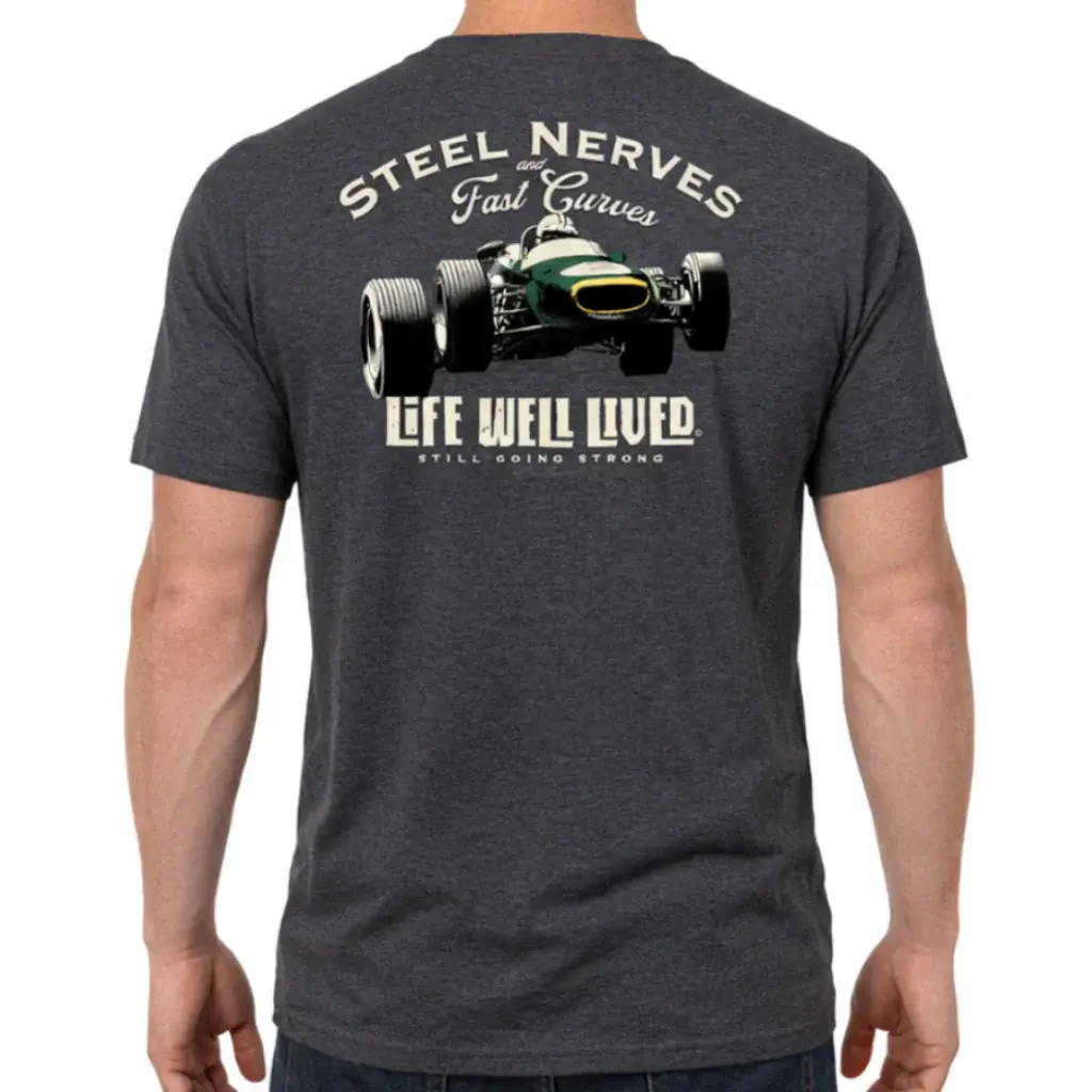 'Steel Nerves & Fast Curves' F1 Car Dark Grey Cotton T-Shirt