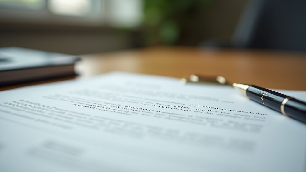Close-up view of legal documents and a pen on a wooden desk