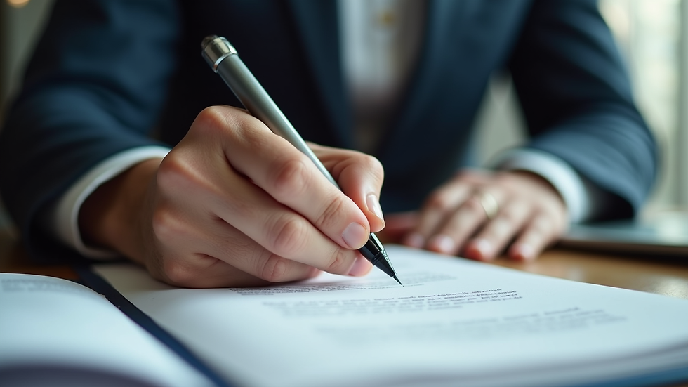 Close-up de contrato de fusão e aquisição com caneta sobre documento
