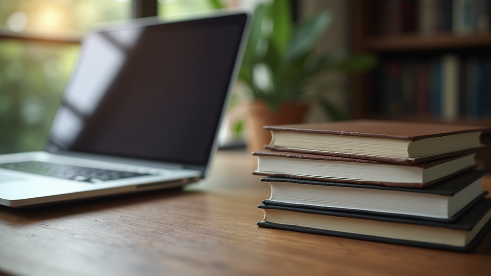 Close-up view of legal books and a laptop on a wooden desk