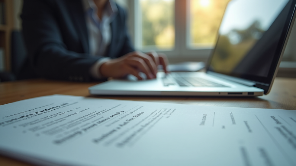 Eye-level view of a laptop on a desk with legal documents