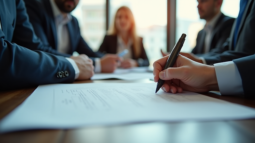 Eye-level view of a business meeting with contract review