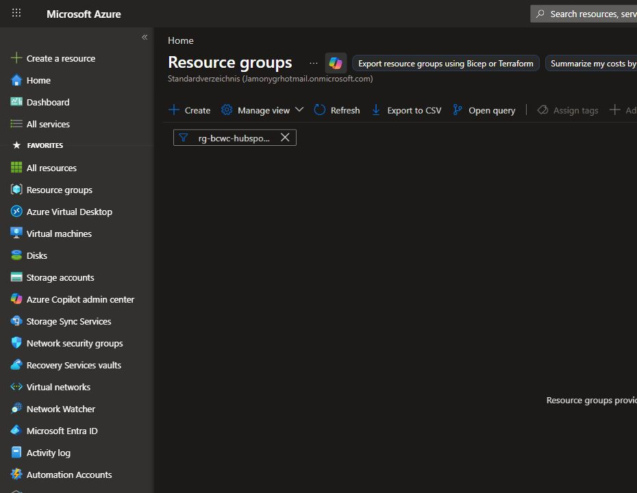 Azure Portal resource groups page showing no matching workshop resource group after cleanup.