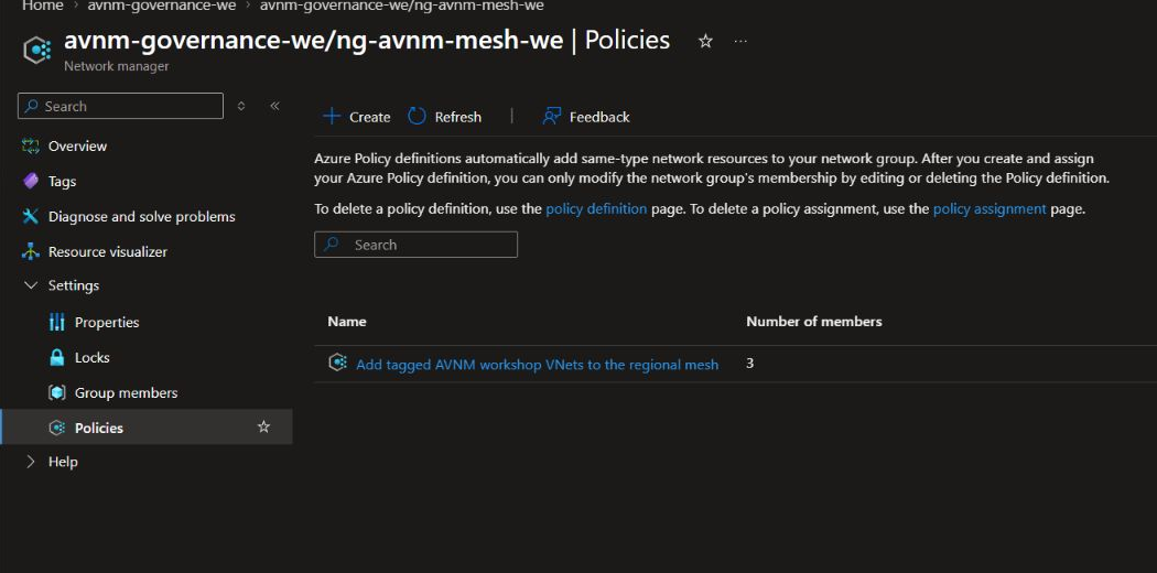 Azure Portal policy view showing three dynamic network-group members.