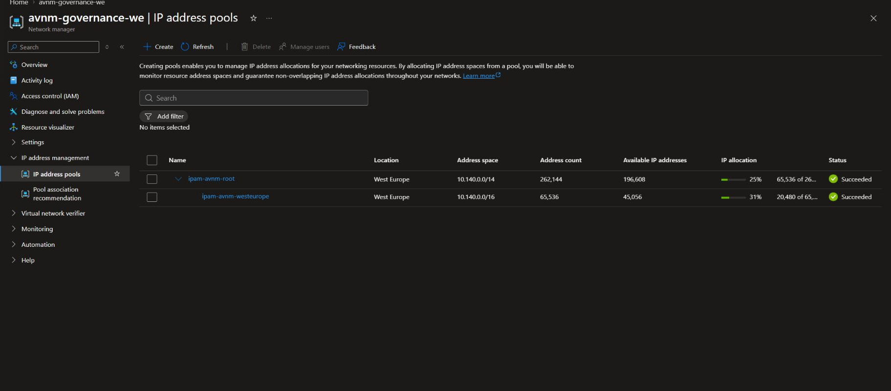Root and West Europe child IPAM pools in Azure Portal.