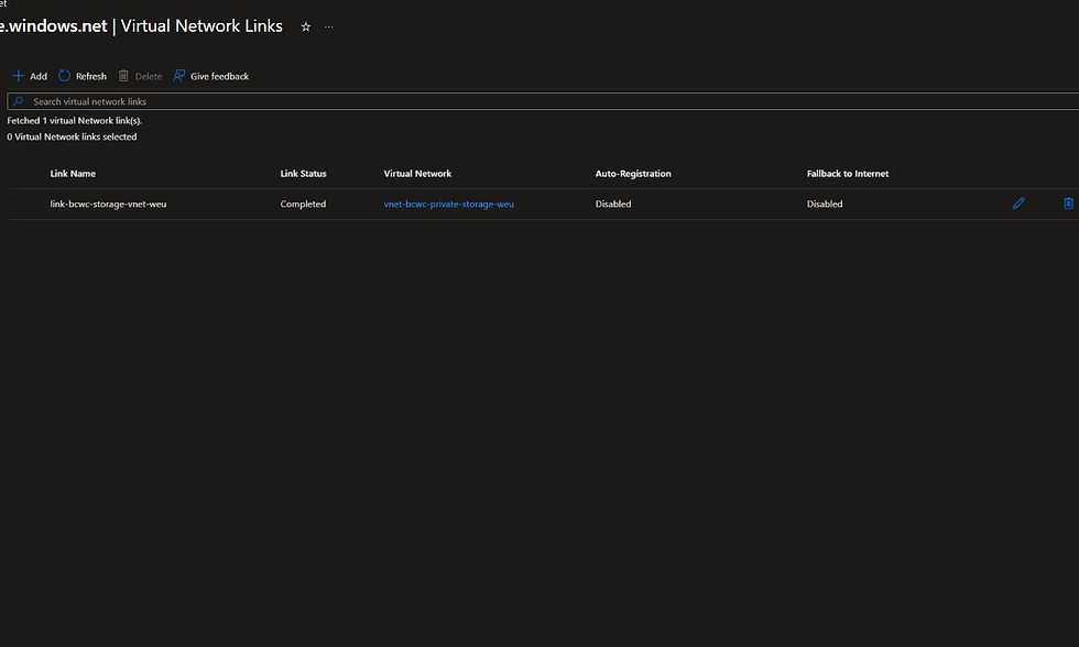 Azure Portal Private DNS Virtual Network Links page showing the workshop VNet link in Completed state with auto-registration disabled.