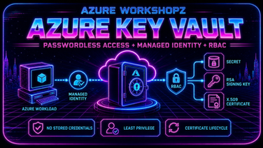 Neon Azure Key Vault workshop architecture showing a workload, managed identity, RBAC, secret, RSA signing key, and X.509 certificate.