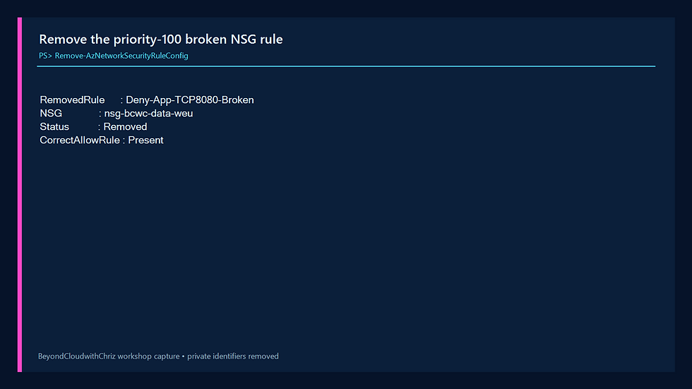 PowerShell output confirming removal of only the broken NSG deny rule.