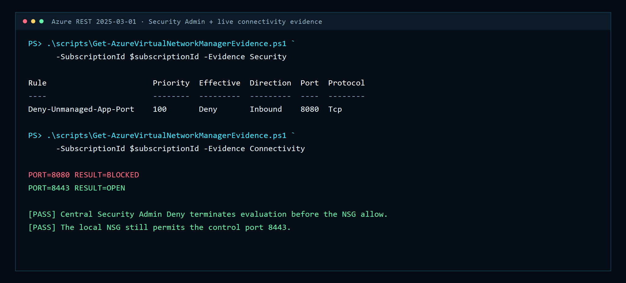 Effective Security Admin REST evidence with 8080 blocked and the 8443 control remaining open.