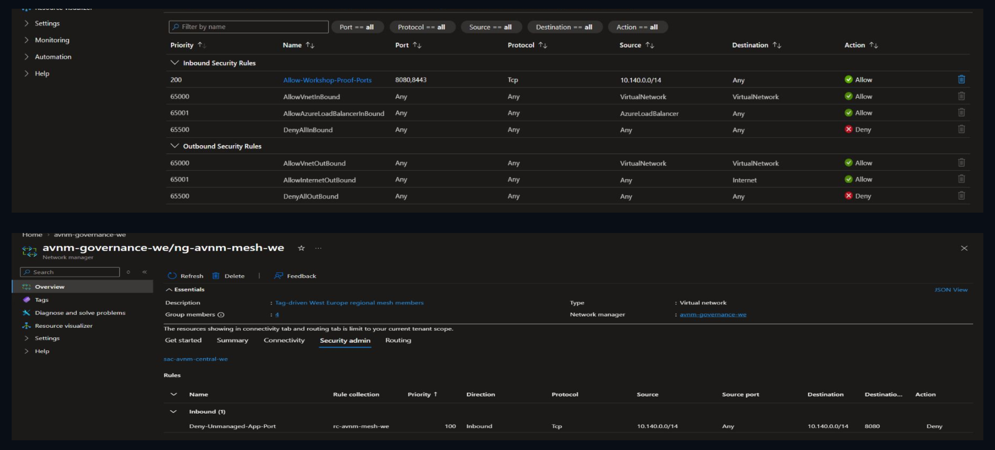 Local NSG allowing TCP 8080 and 8443 above a deployed Security Admin Deny for 8080.