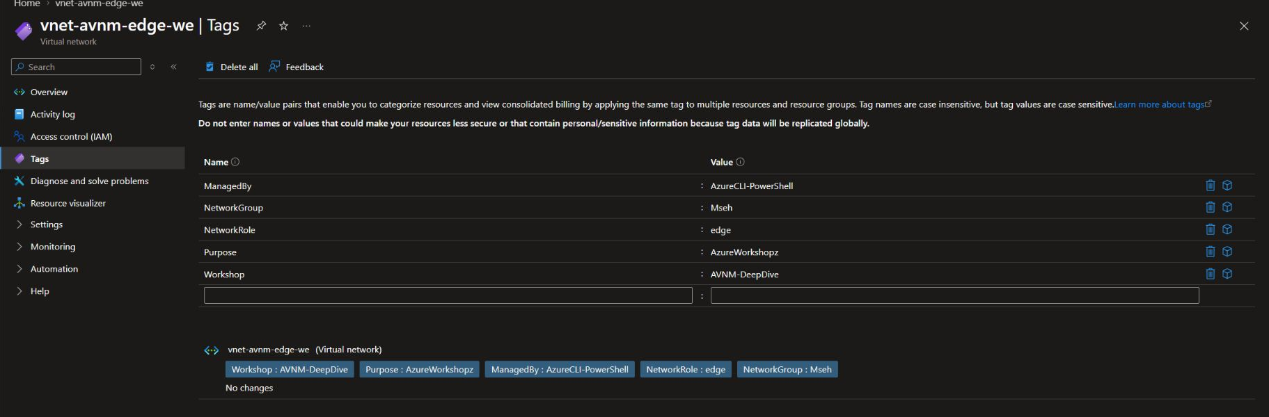 Azure Portal tag view showing the intentional Edge value NetworkGroup=Mseh.