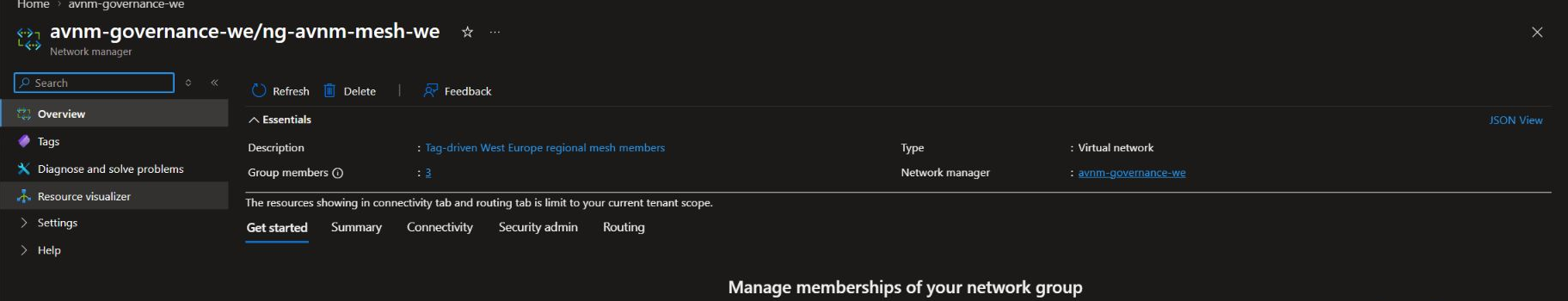 Network group overview showing exactly three members before the tag repair.