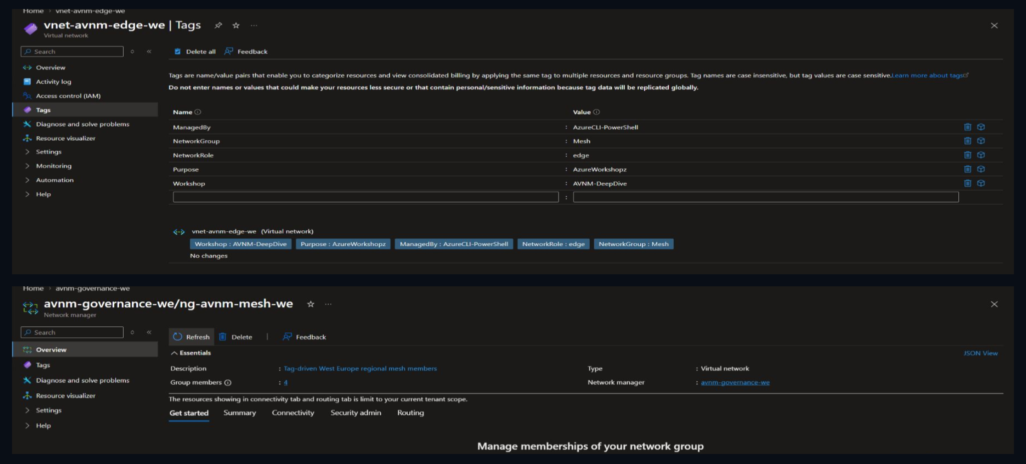 Corrected Edge NetworkGroup tag and the network group showing four members.