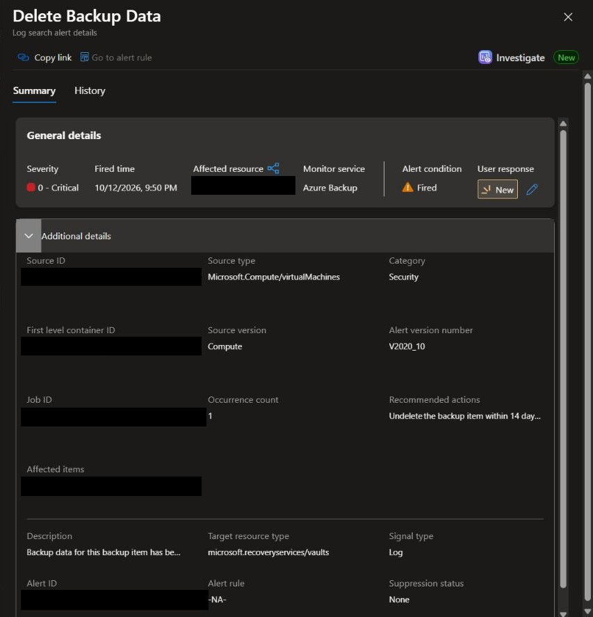 Genuine Azure Backup Delete Backup Data security alert; notification delivery is not claimed.