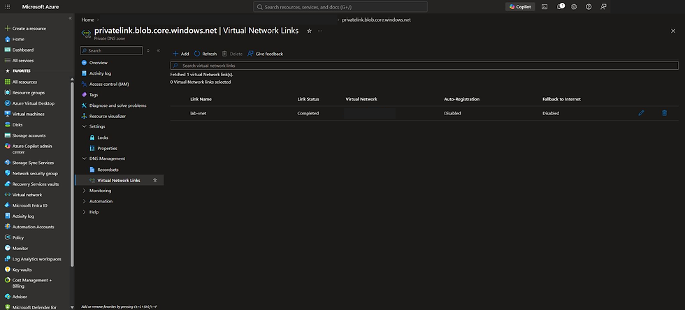 Private DNS virtual network link with registration disabled