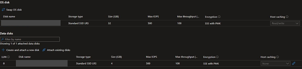 32 GiB OS disk and separate 4 GiB data disk at LUN 0, both Standard SSD LRS with platform-managed SSE.