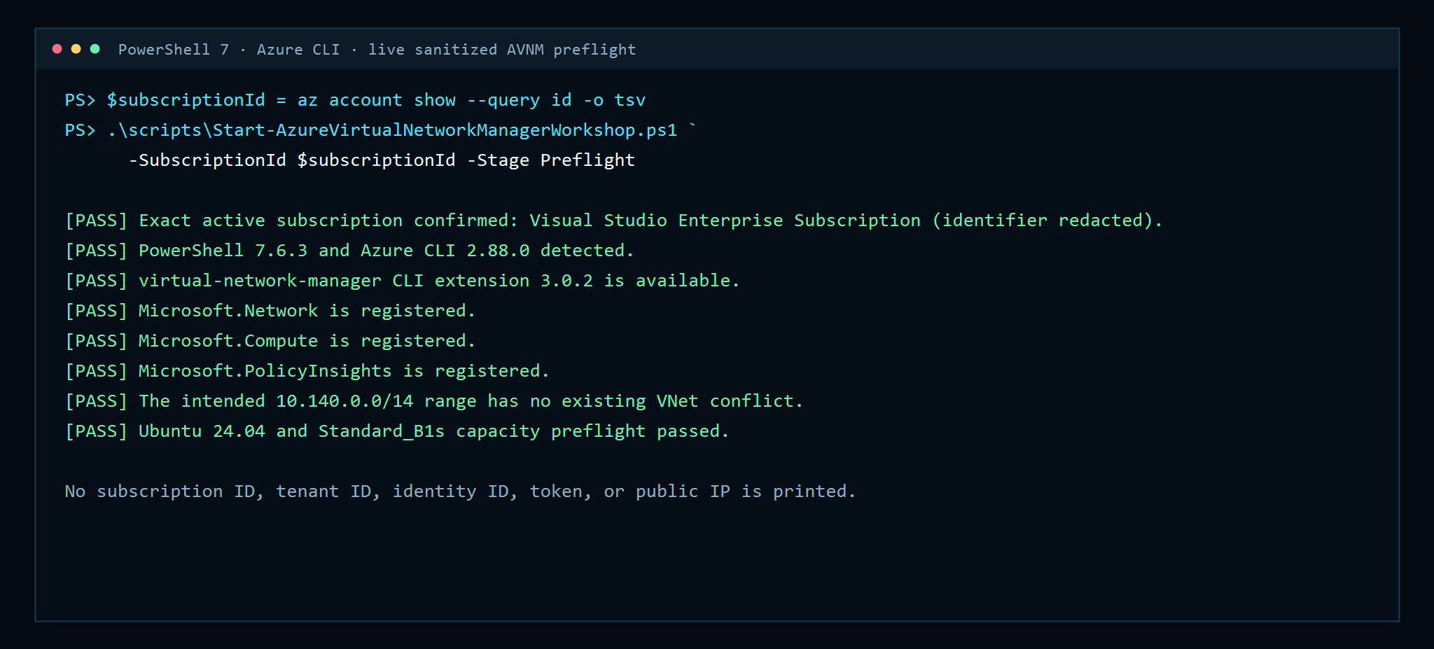 Sanitized PowerShell and Azure CLI preflight for Azure Virtual Network Manager.