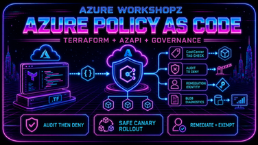 Neon Azure Workshopz cover for Azure Policy-as-Code with Terraform, AzAPI, governance, remediation, and safe canary rollout