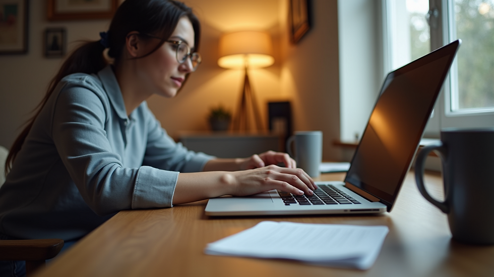 Eye-level view of a person working on a laptop in a cozy workspace