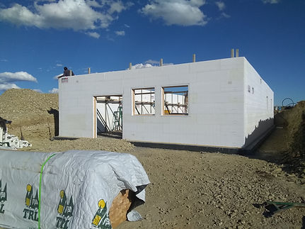 Insulated concrete form walls under construction.