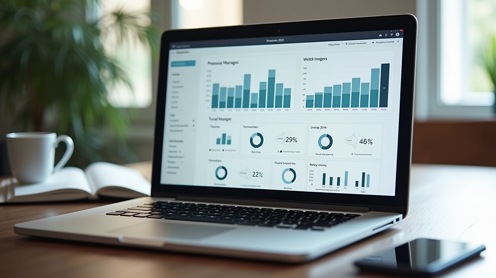 Close-up view of a laptop screen showing a proposal management software dashboard