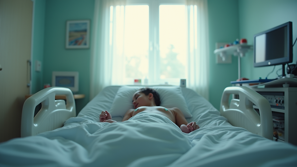 Eye-level view of a serene birthing room with soft lighting