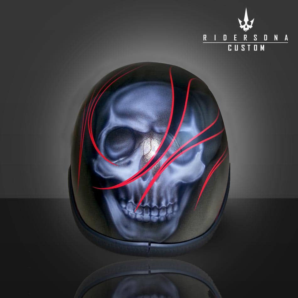 サムネイル： SILVER BLACK SKULLS FLAME RED PINSTRIPE HAND PAINTED AIRBRUSH BEANIE SKULL CAP