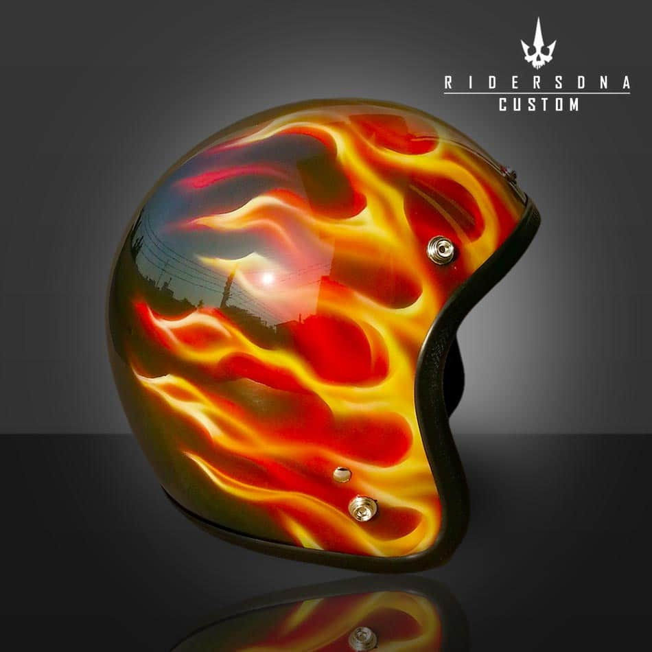 BLACK YELLOW RED FIRE GLOSS OPEN FACE AIRBRUSH JET RIDERS DNA HAND PAINT HELMET