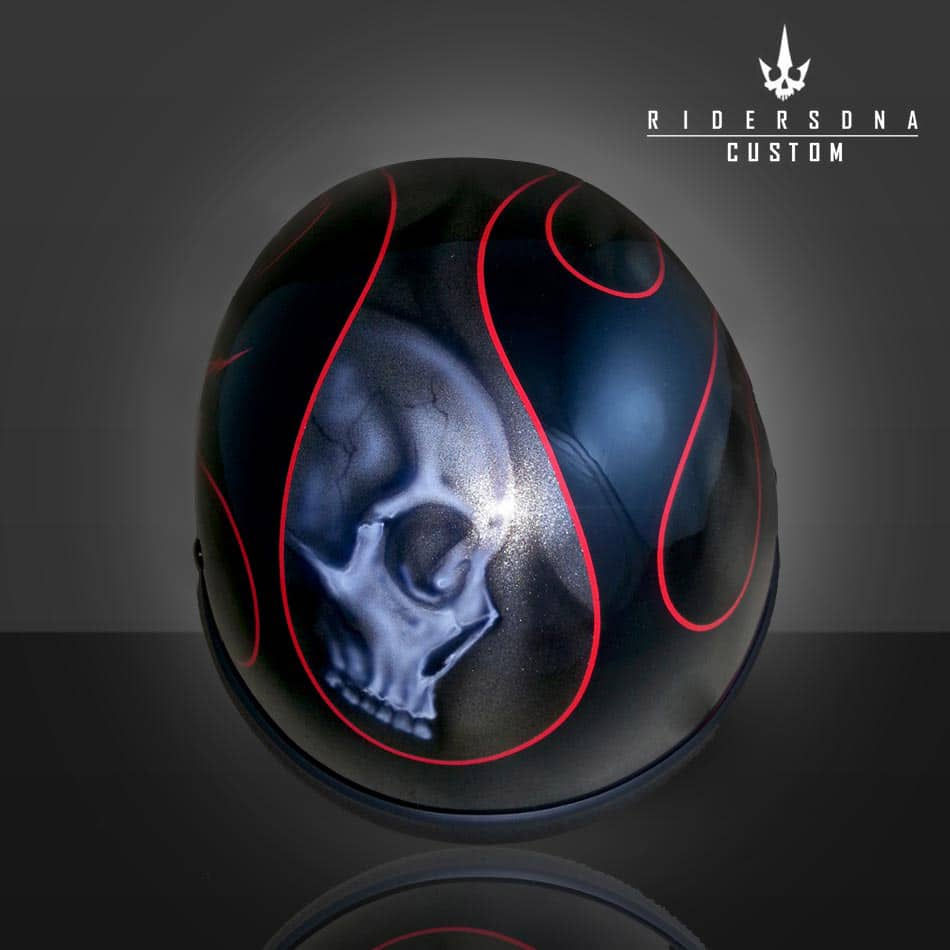 サムネイル： SILVER BLACK SKULLS FLAME RED PINSTRIPE HAND PAINTED AIRBRUSH BEANIE SKULL CAP