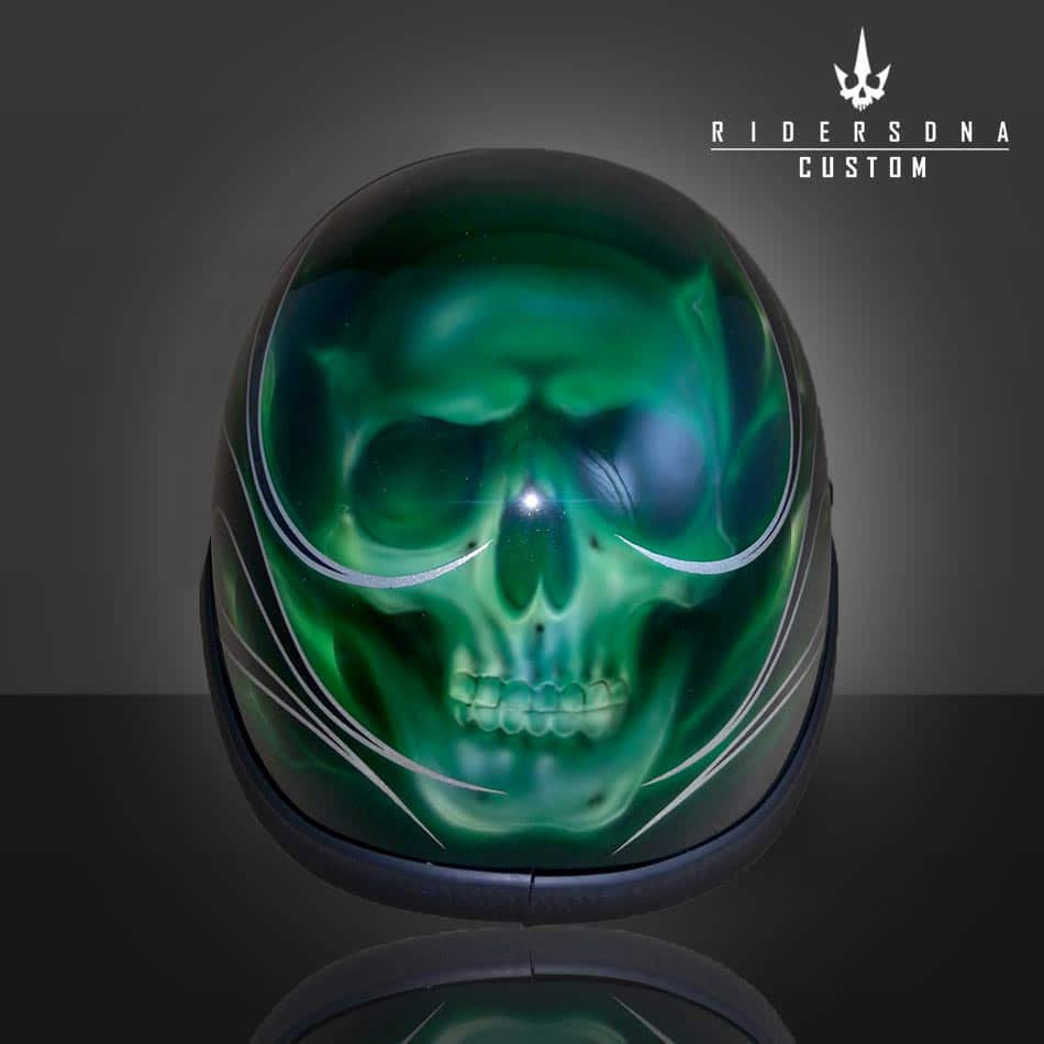 サムネイル： BLACK GREEN FIRE GHOST SKULL HAND PAINTED AIRBRUSH BEANIE SKULL CAP HELMET