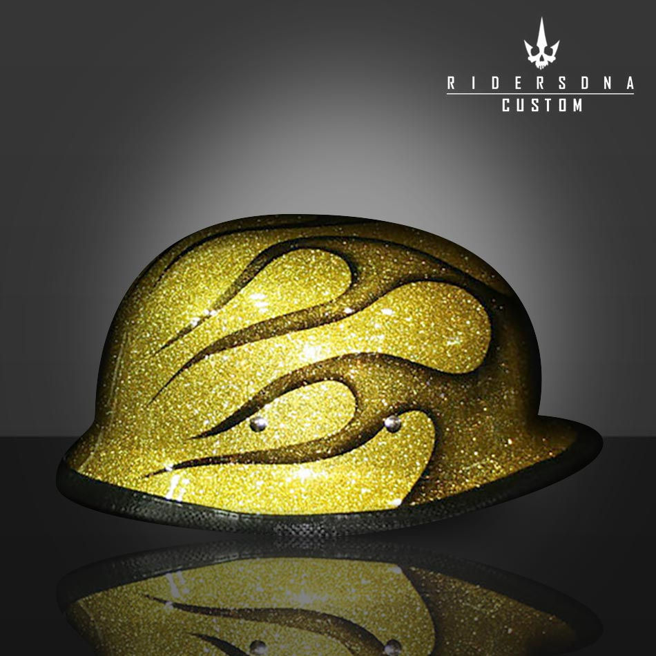 GHOST FLAMES ON GOLD FLAME HALF CAP METALFLAKE PAINT GERMAN HELMET