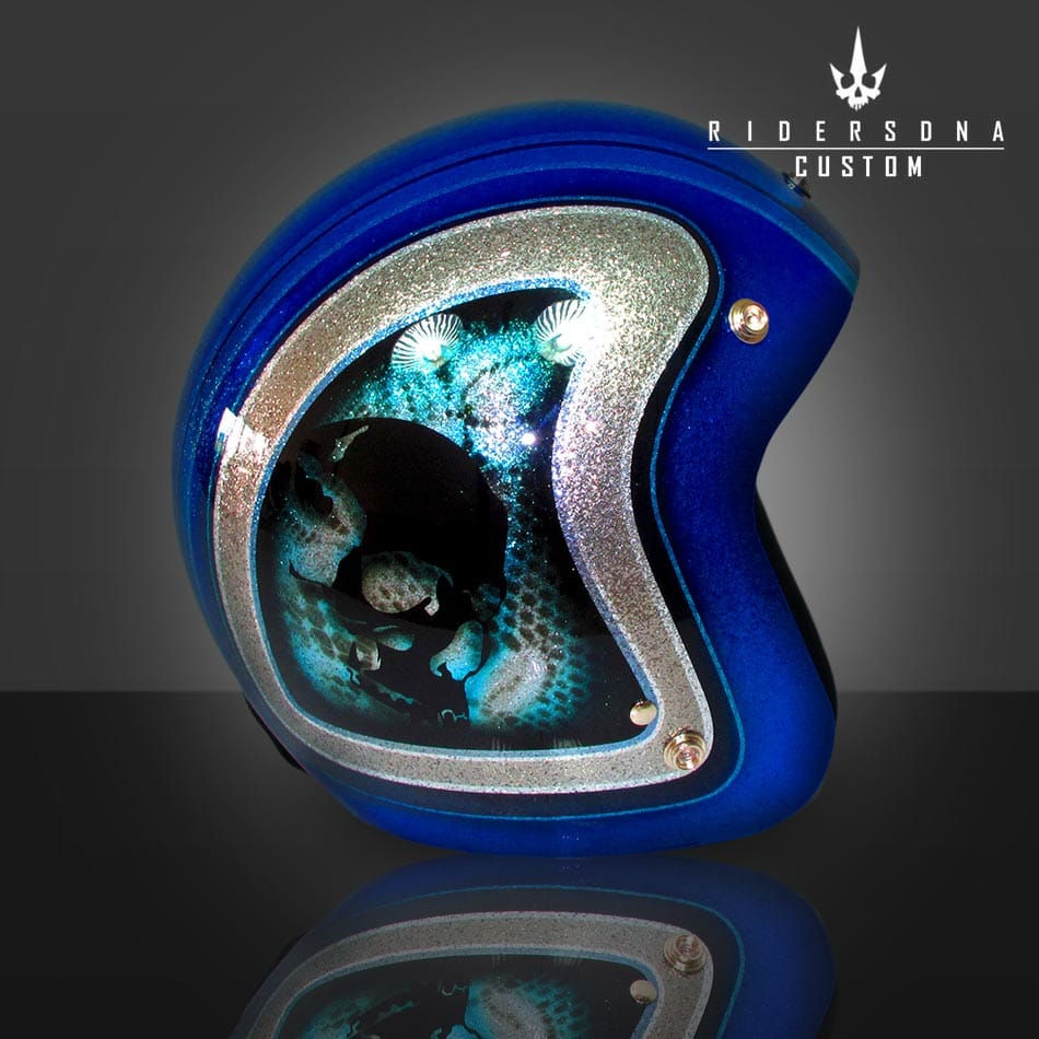 BLUE METAL FLAKE BLACK SKULL SILVER PINSTRIPE OPEN FACE AIRBRUSH JET RIDERS DNA