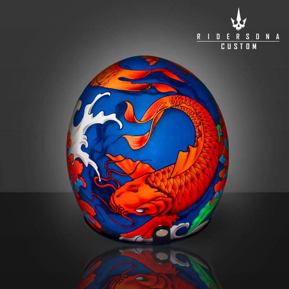 サムネイル： ORANGE KOI WHITE BLUE WATER OPEN FACE AIRBRUSH JET RIDERS DNA HAND PAINT HELMET