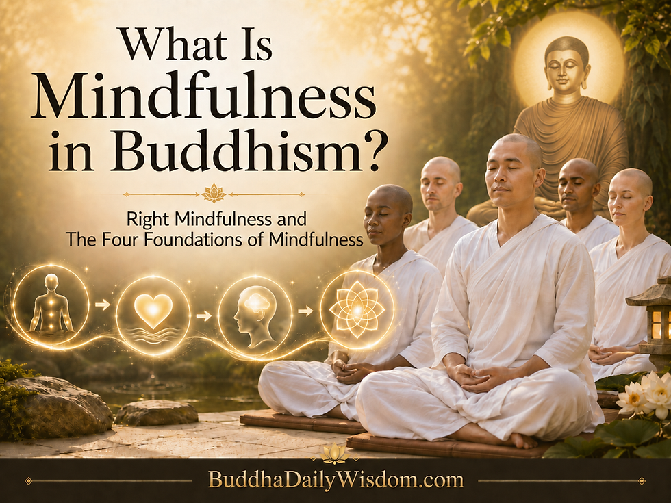 Practitioners meditating in white robes with Gotama Buddha representing Right Mindfulness and The Four Foundations of Mindfulness
