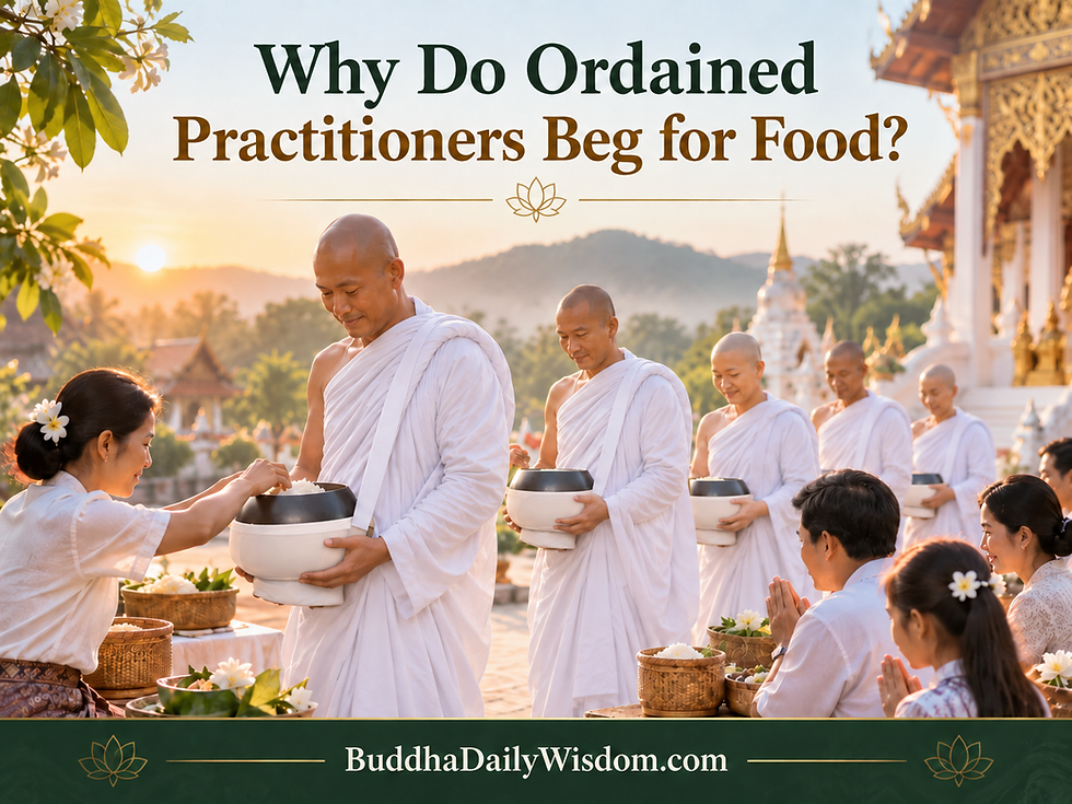 Ordained Practitioners in white robes receiving food offerings from Household Practitioners as part of the Buddhist practice of mutual support.