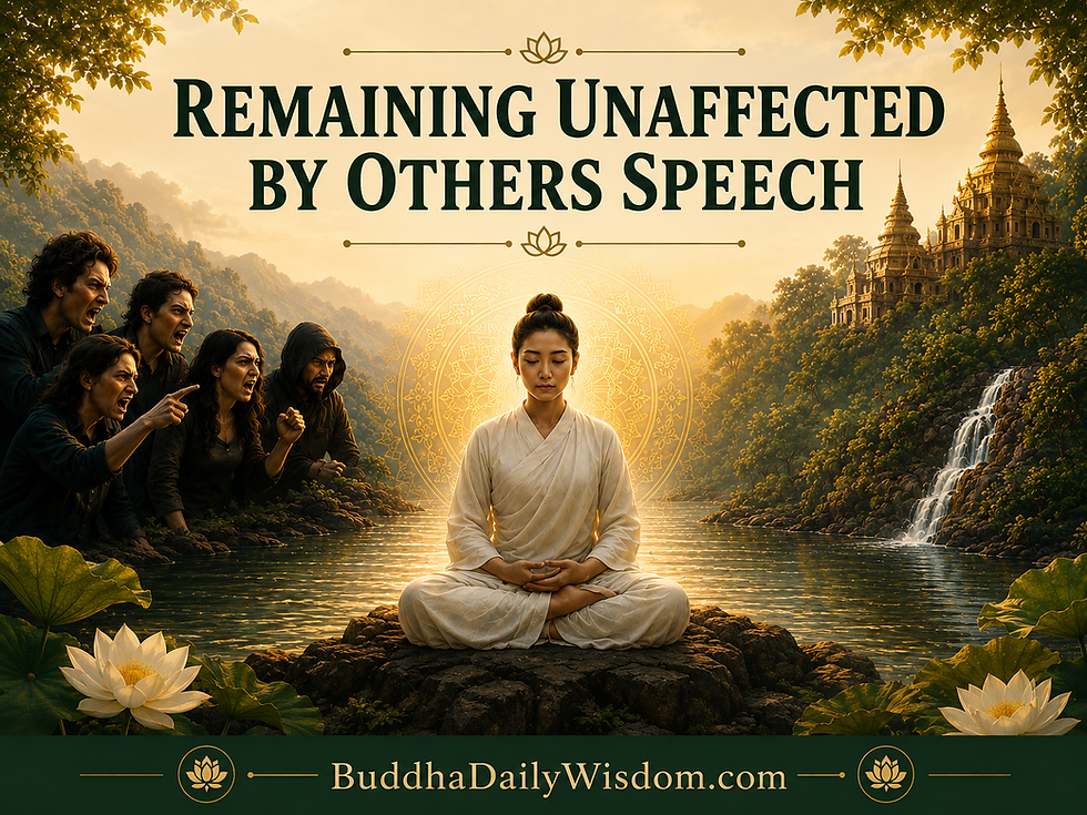 Peaceful woman meditating beside a river while angry people speak toward her, symbolizing remaining calm and unaffected by others’ speech.
