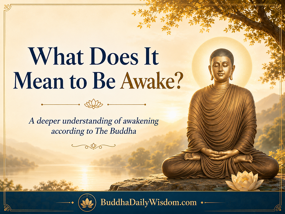 Seated Buddha statue at sunrise with symbols representing purification, gradual practice, and spiritual awakening.