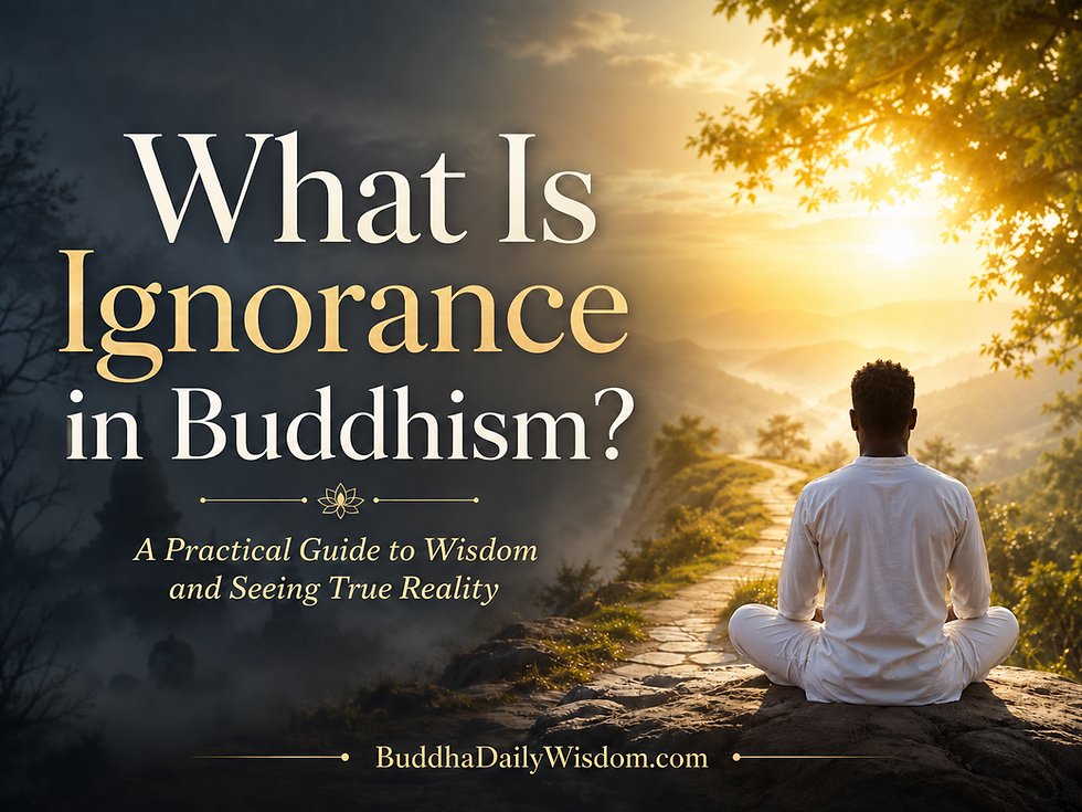 What Is Ignorance in Buddhism? African American male meditator following a path from darkness toward light, representing wisdom and seeing true reality.