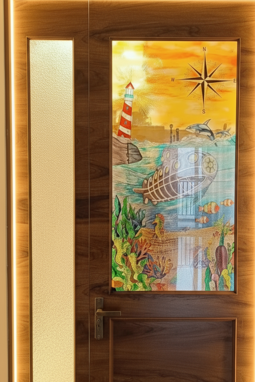Submarine themed customised and hand-painted glass panel door