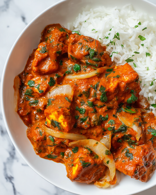 Vegan Tofu Tikka Masala served in a bowl with creamy coconut tomato sauce, golden tofu cubes, Indian spices, and fresh coriander — a rich Indian vegan recipe.