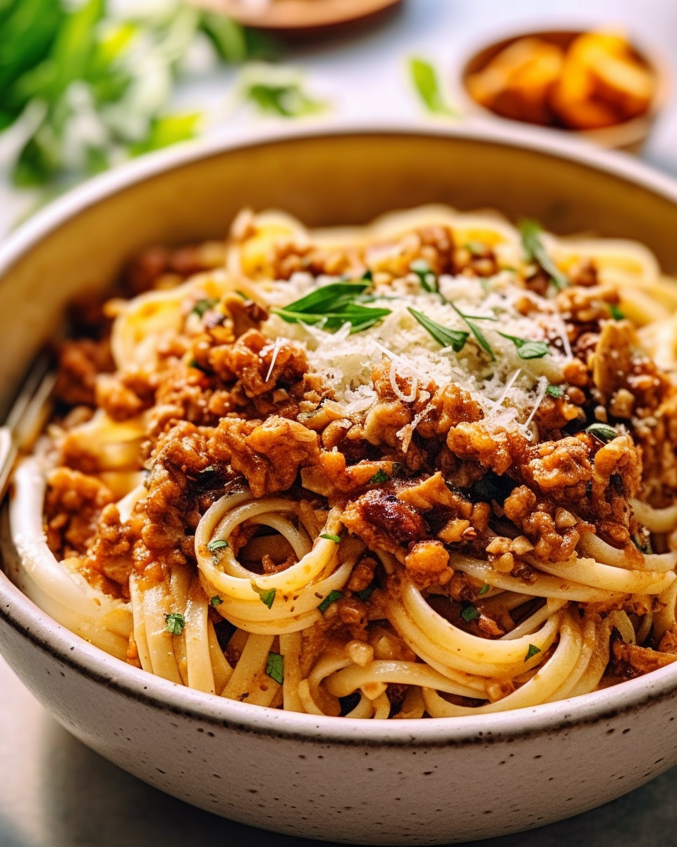 Soy free vegan lacto vegetarian plant based walnut and mushroom bolognese