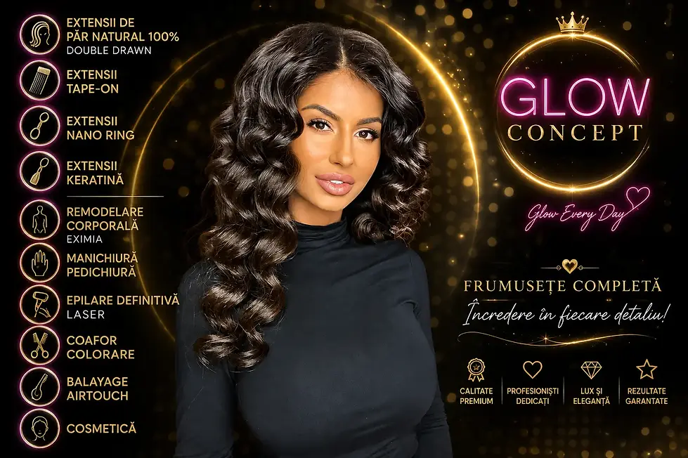 Salon de înfrumusețare premium Glow Concept București — extensii păr natural, remodelare corporală, epilare laser și cosmetică.