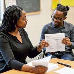 a photo of black female teacher sitting at a desk with an individual with a disability sha