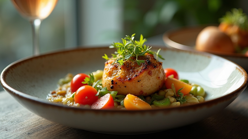 Close-up view of a gourmet dish with fresh, locally sourced ingredients