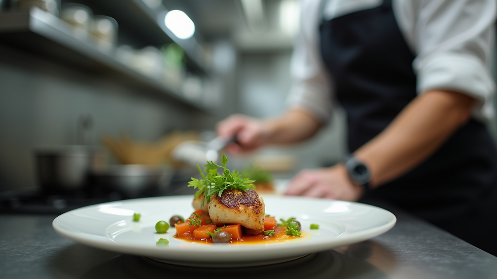 Close-up view of a chef plating gourmet food in a professional kitchen